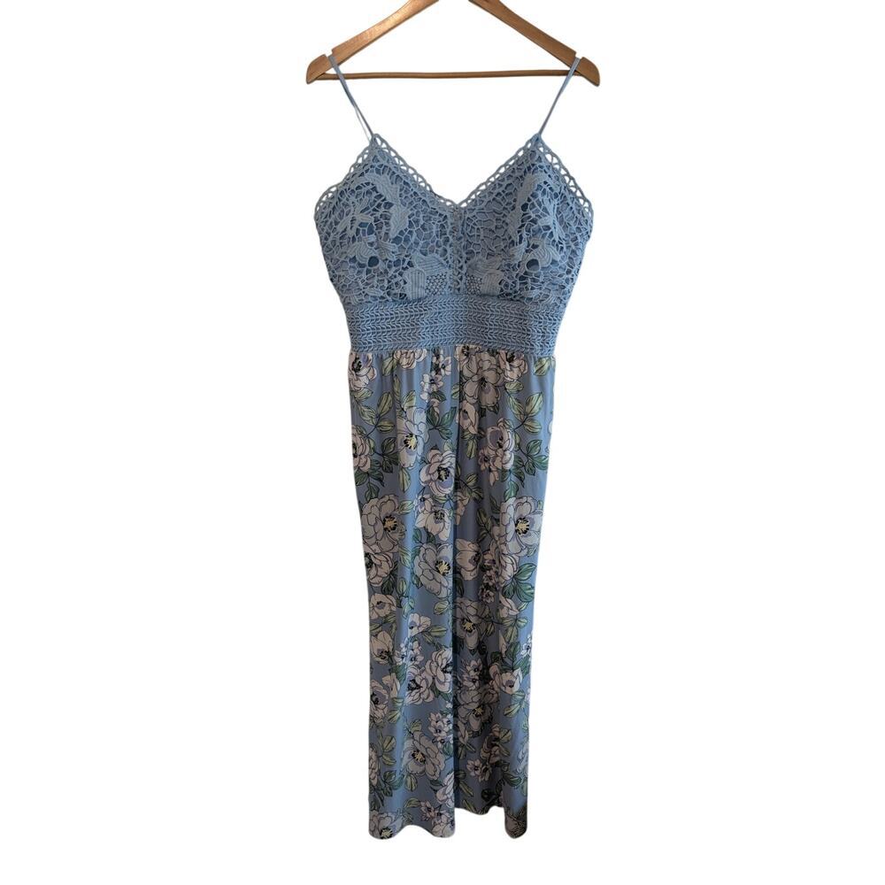 Floral Crochet Maxi Dress Womens XXL Blue Fairy Boho Wedding Garden Lace Cottage